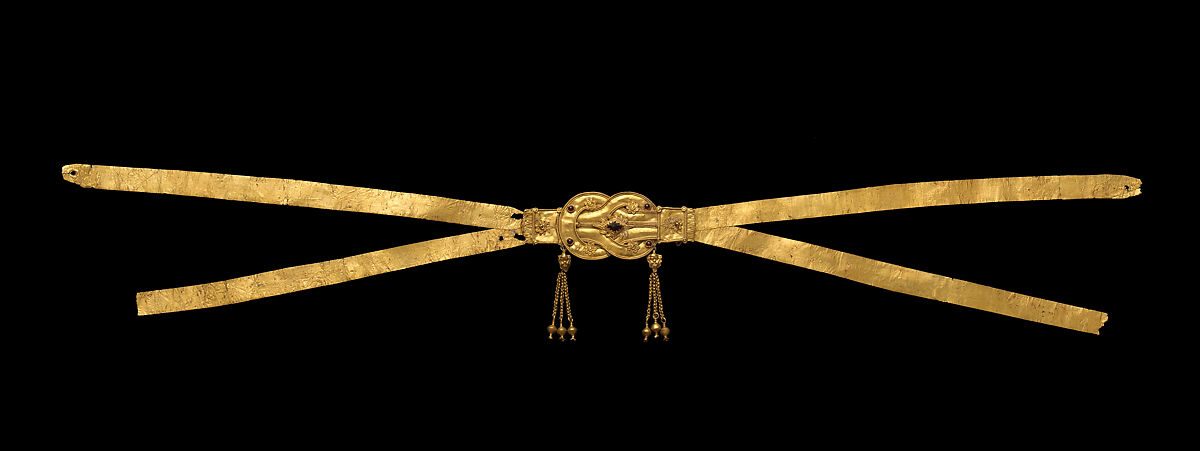 Gold cross-strap diadem with a Herakles knot set with five garnets, Gold, garnet, Greek 