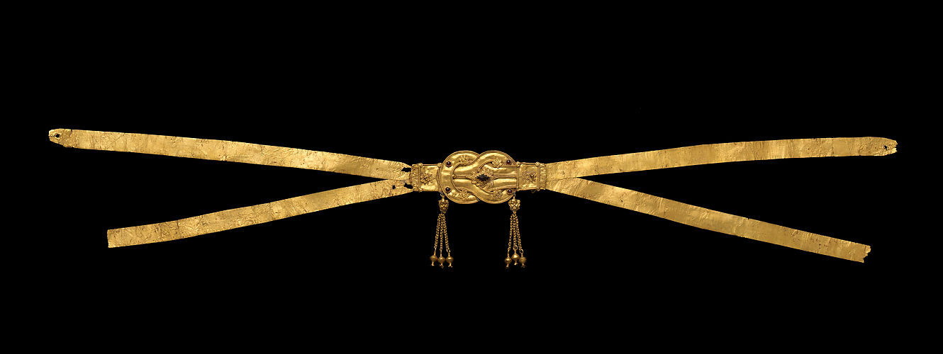 Gold cross-strap diadem with a Herakles knot set with five garnets