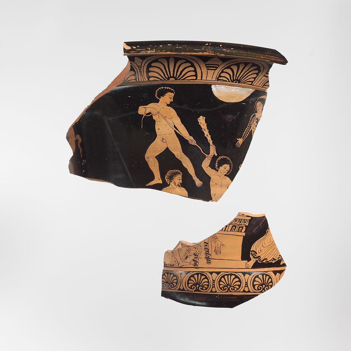 Fragments of a terracotta calyx-krater (mixing bowl), Very close in style to the work of the Dolon Painter, Terracotta, Greek, South Italian, Lucanian 