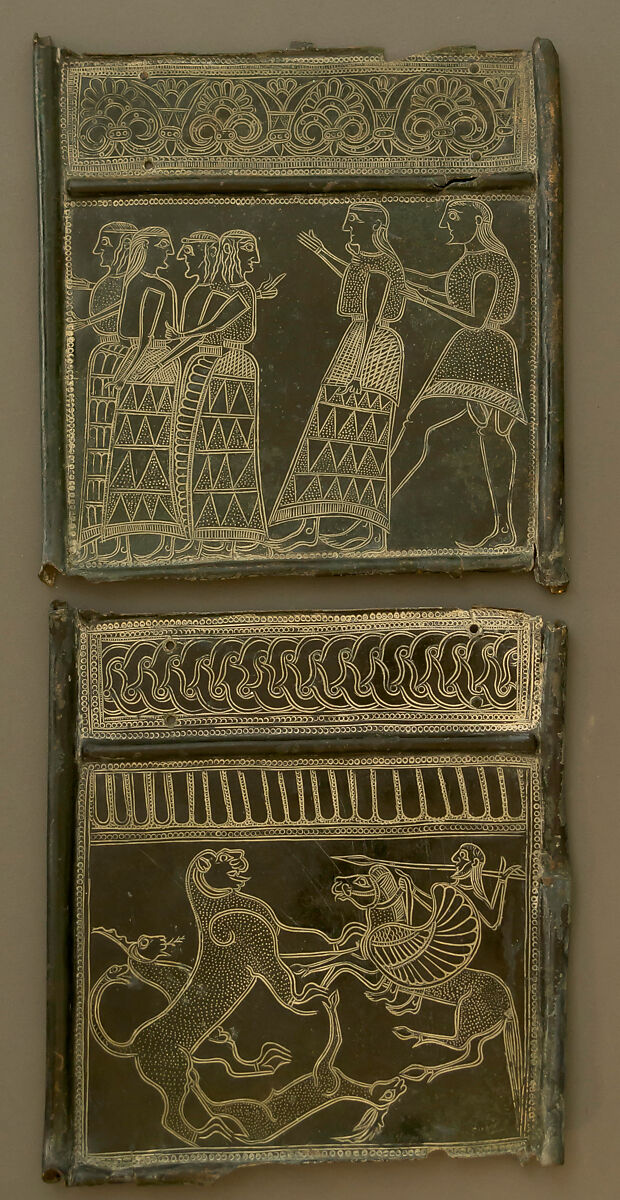 Engraved panel attachment, perhaps from a tripod, Bronze, Greek 