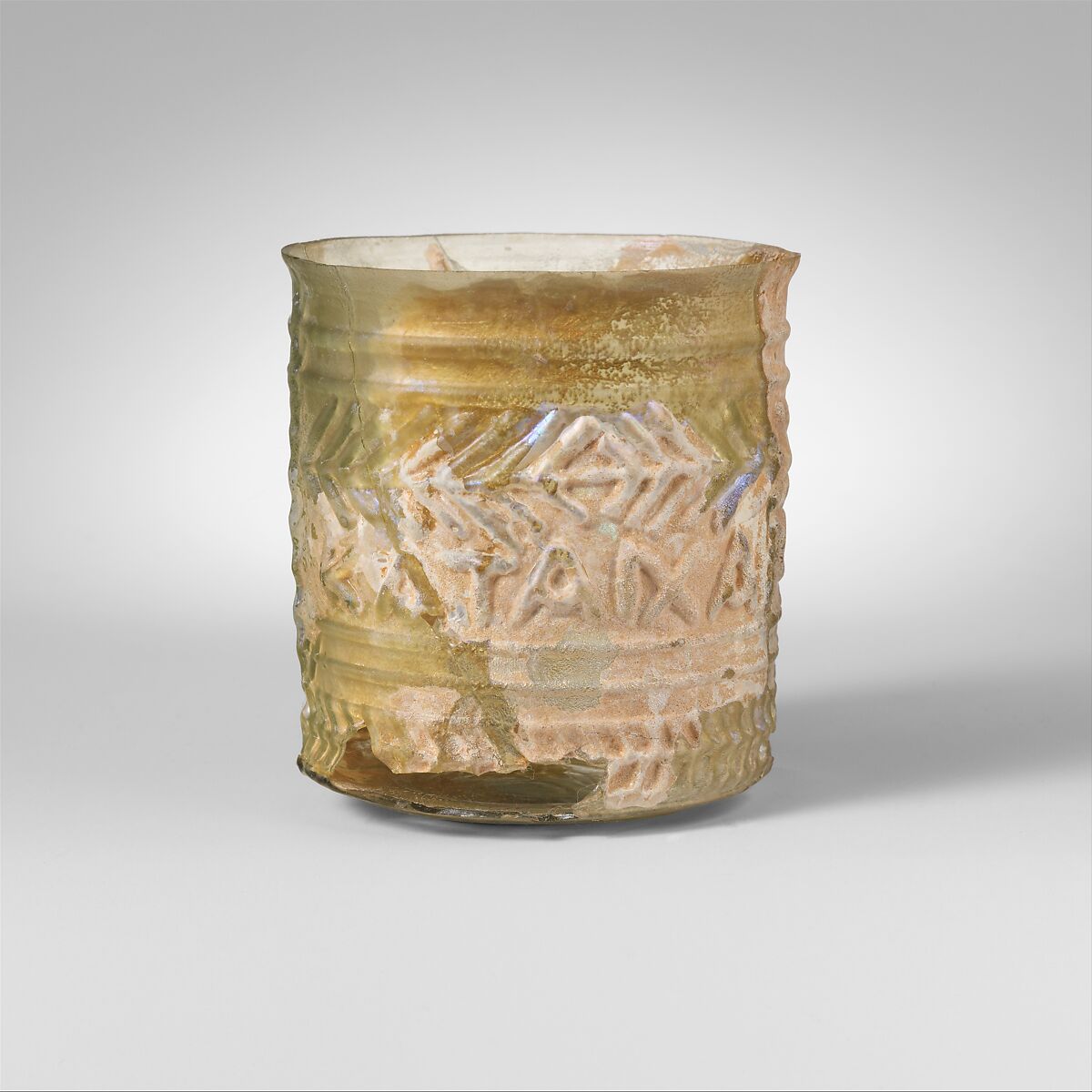 Glass beaker with inscription, Glass, Roman, Syrian 