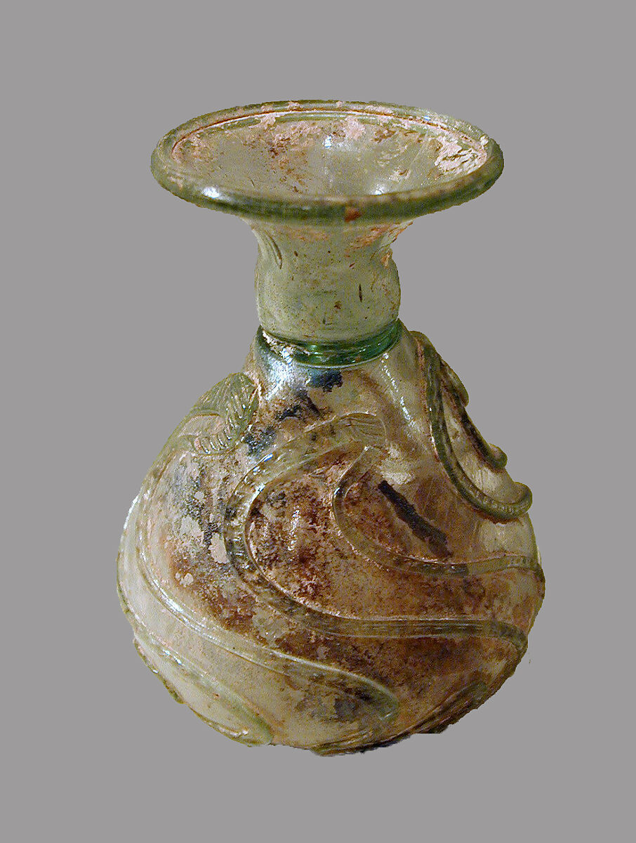Glass sprinkler flask with snake-thread decroation, Glass, Roman, Syrian 