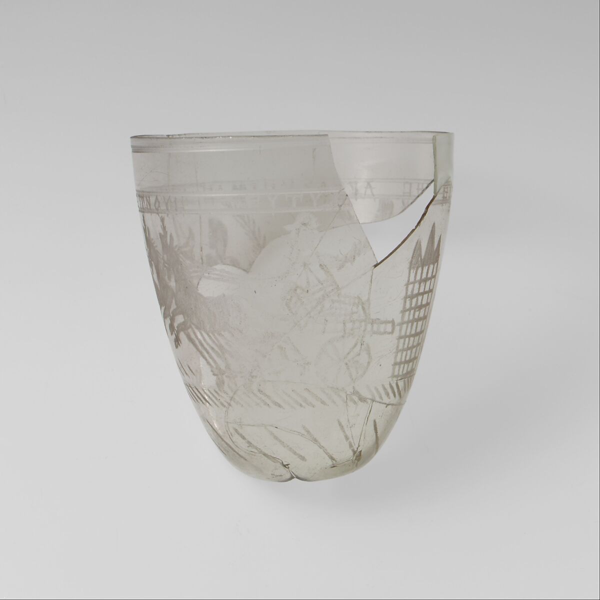 Glass beaker with victorious charioteer, Glass, Roman, Eastern Mediterranean 