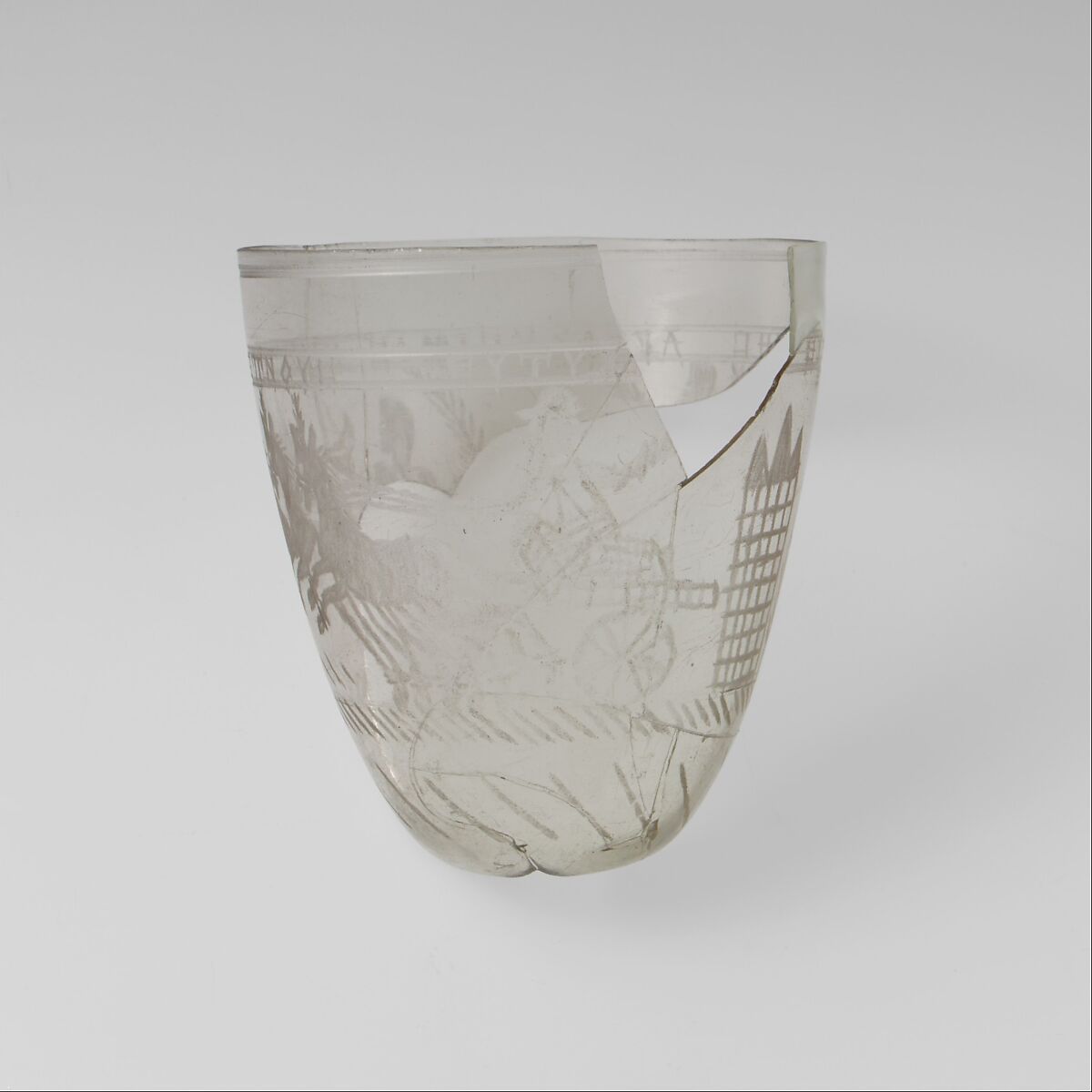 Glass beaker with victorious charioteer, Glass, Roman, Eastern Mediterranean