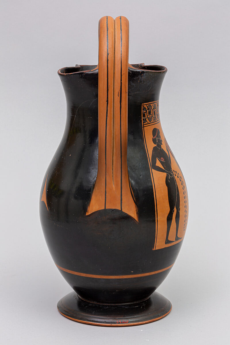 Terracotta olpe (jug), Attributed to the Amasis Painter, Terracotta, Greek, Attic