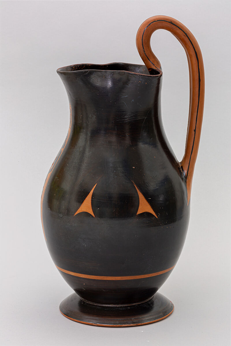 Terracotta olpe (jug), Attributed to the Amasis Painter, Terracotta, Greek, Attic