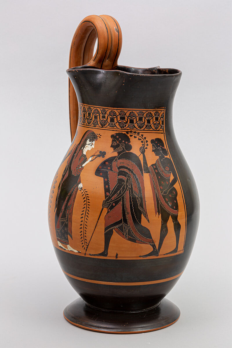 Terracotta olpe (jug), Attributed to the Amasis Painter, Terracotta, Greek, Attic 