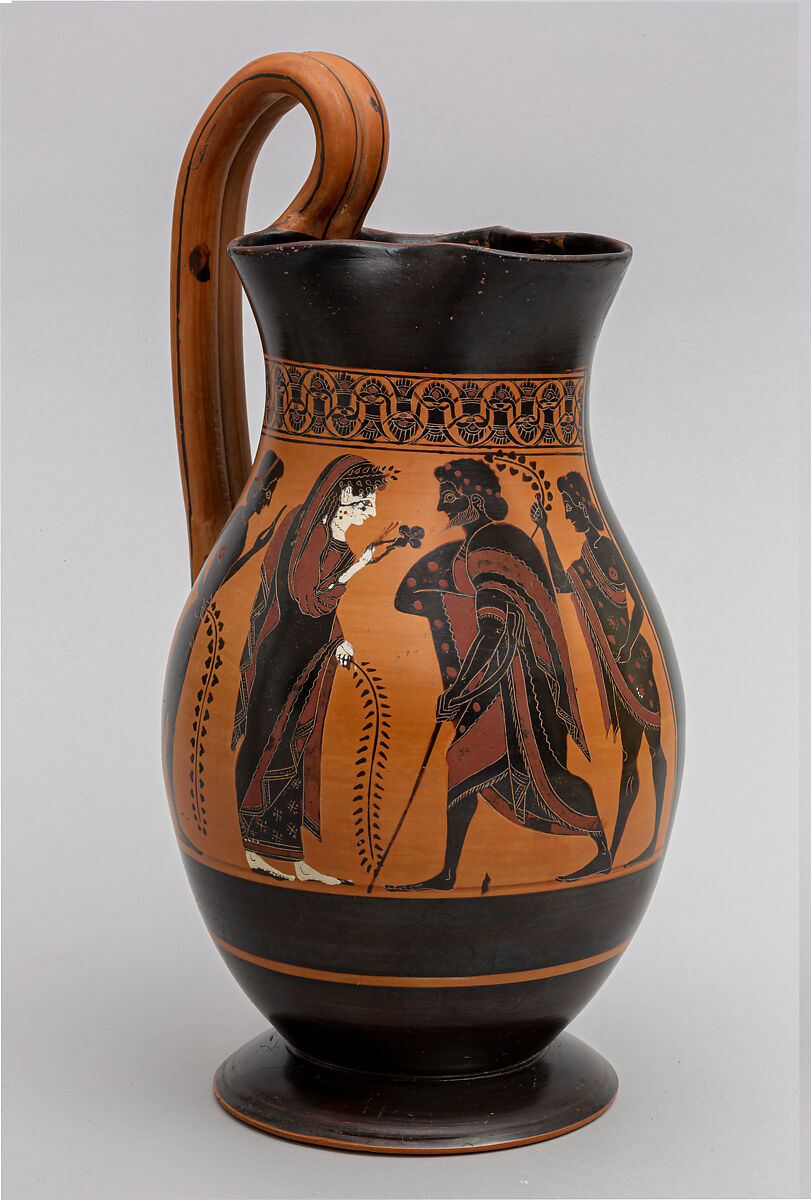 Terracotta olpe (jug), Attributed to the Amasis Painter, Terracotta, Greek, Attic