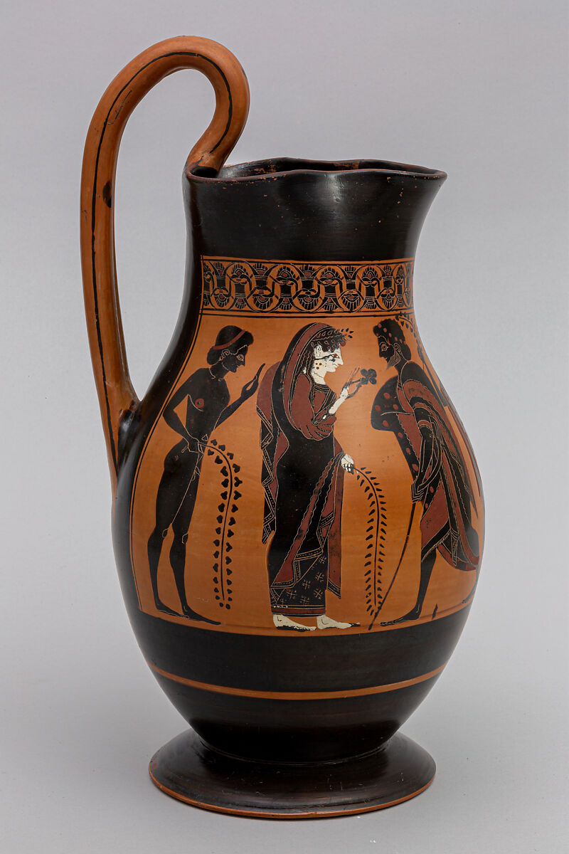 Terracotta olpe (jug), Attributed to the Amasis Painter, Terracotta, Greek, Attic
