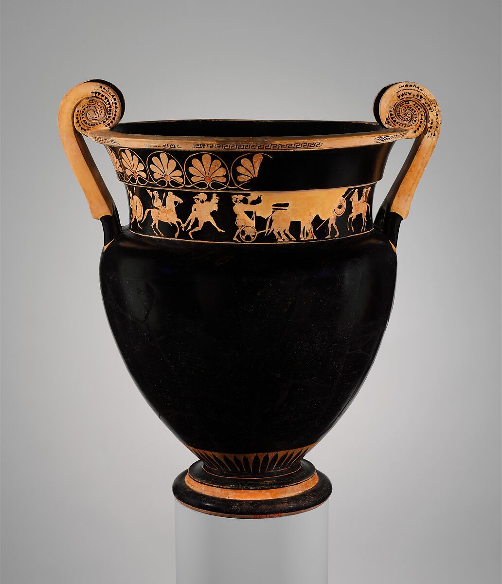 Terracotta volute-krater (bowl for mixing wine and water), Attributed to the Karkinos Painter, Terracotta, Greek, Attic 