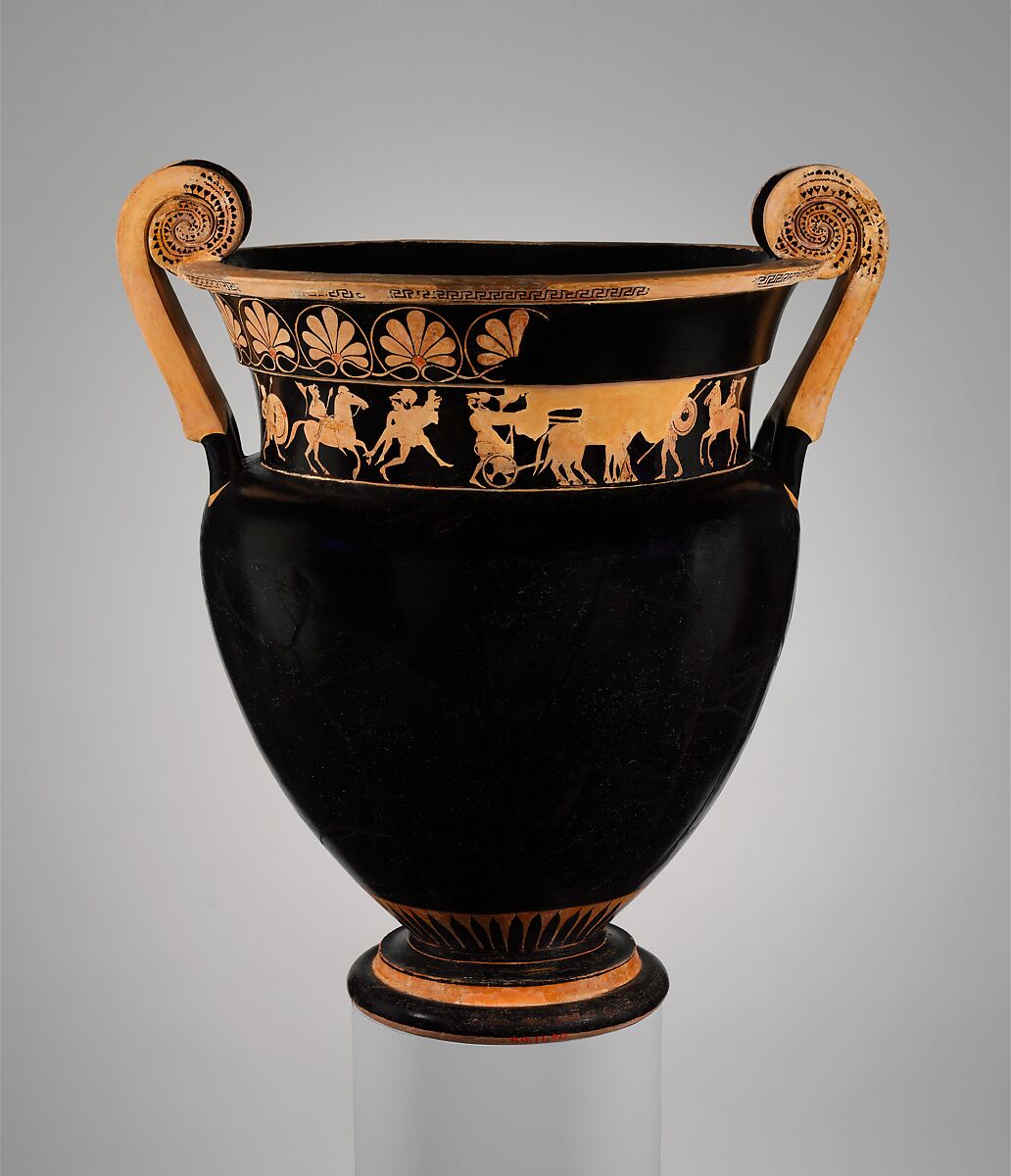 Terracotta volute-krater (bowl for mixing wine and water), Karkinos Painter, Terracotta, Greek, Attic