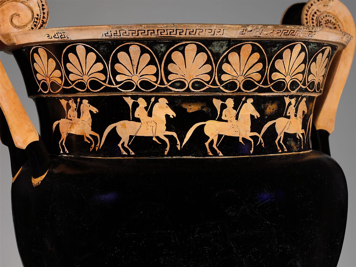 Terracotta volute-krater (bowl for mixing wine and water), Attributed to the Karkinos Painter, Terracotta, Greek, Attic