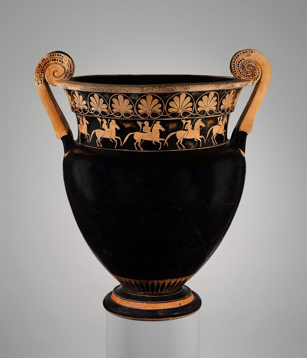 Terracotta volute-krater (bowl for mixing wine and water), Attributed to the Karkinos Painter, Terracotta, Greek, Attic
