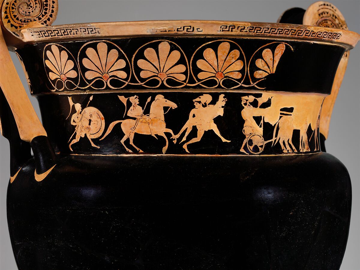 Terracotta volute-krater (bowl for mixing wine and water), Attributed to the Karkinos Painter, Terracotta, Greek, Attic