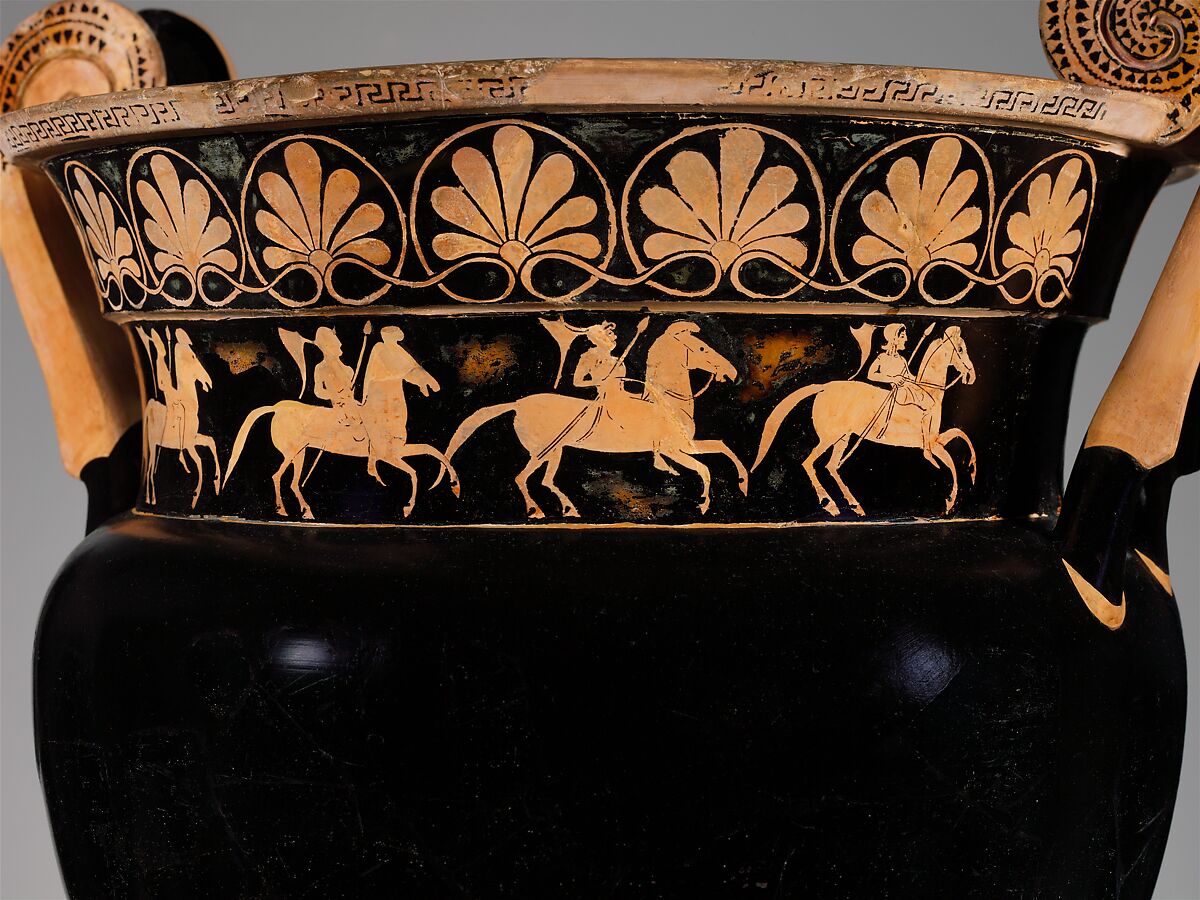 Terracotta volute-krater (bowl for mixing wine and water), Attributed to the Karkinos Painter, Terracotta, Greek, Attic