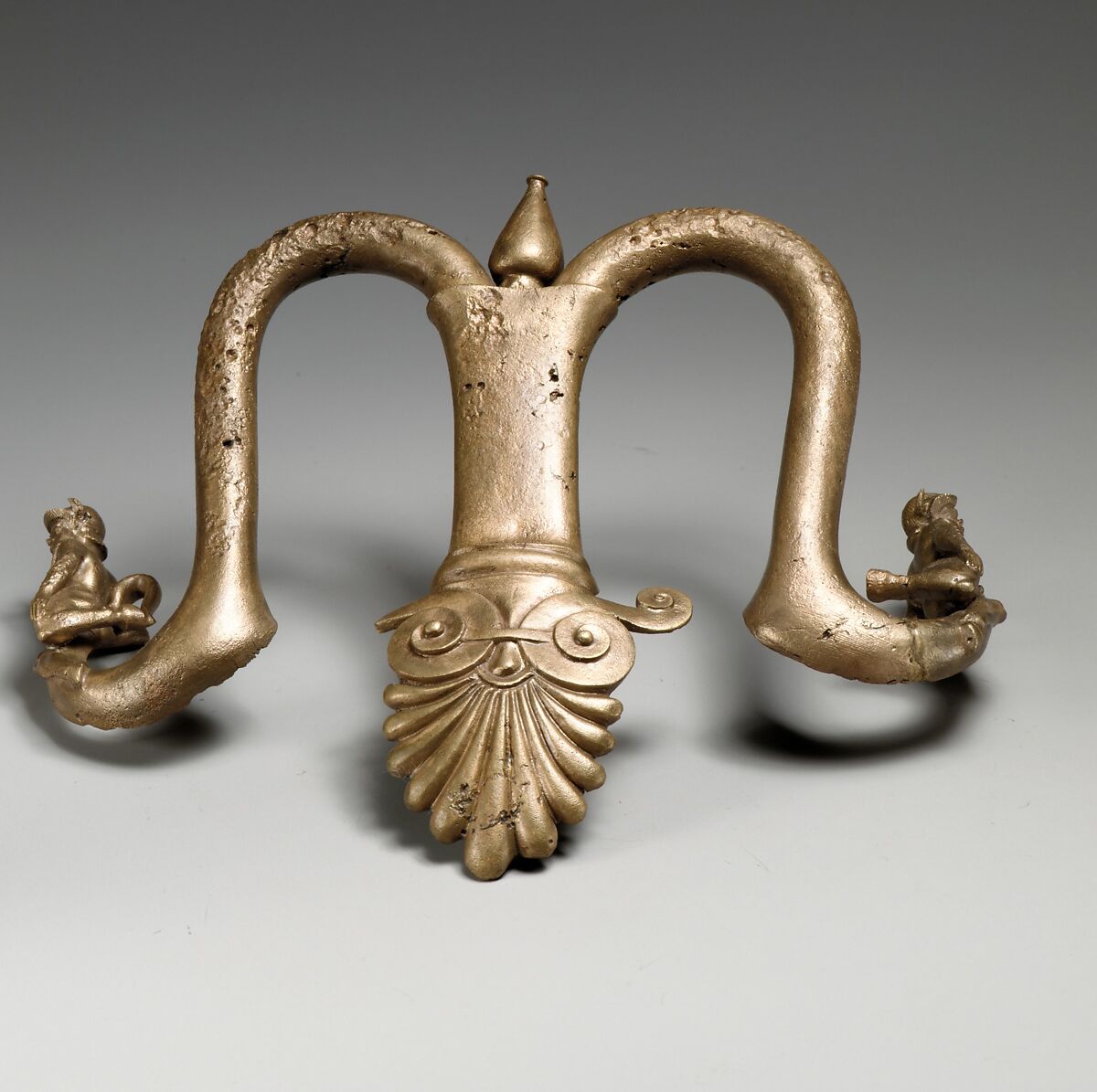 Handles and feet of a bronze louterion (basin), Bronze, Greek 