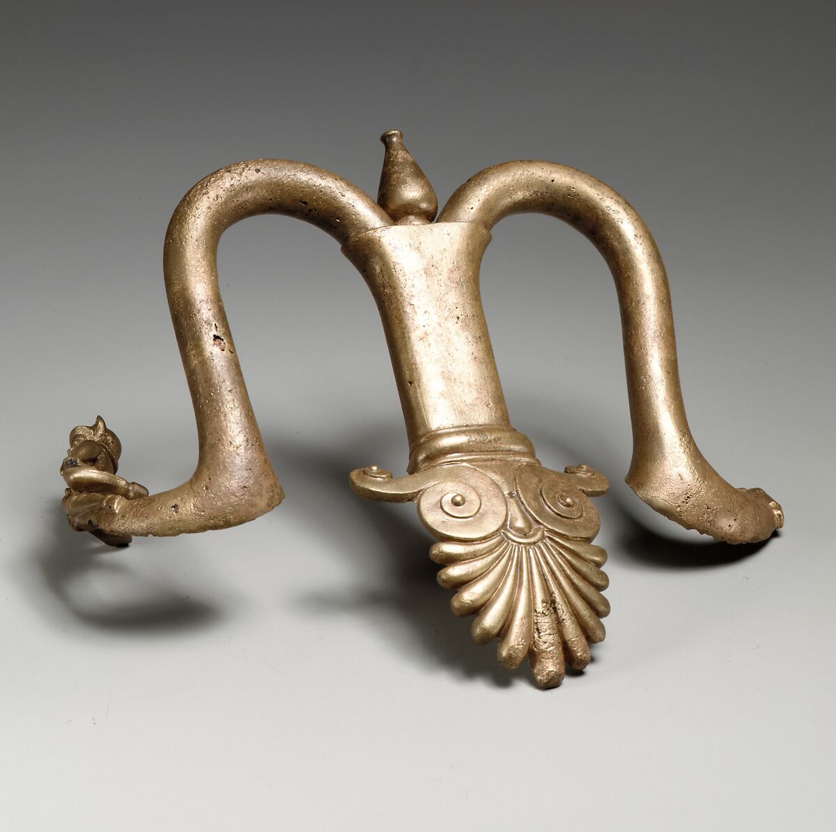 Handles and feet of a bronze louterion (basin), Bronze, Greek