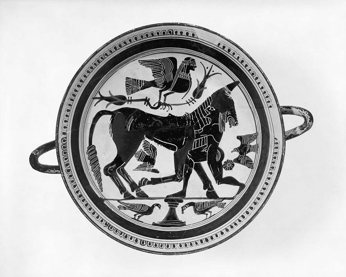 Terracotta kylix (drinking cup), In the manner of Arkesilas Painter, Terracotta, Greek, Laconian 