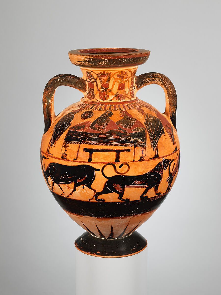 Terracotta neck-amphora (jar), Attributed to the Ptoon Painter, Terracotta, Greek, Attic 