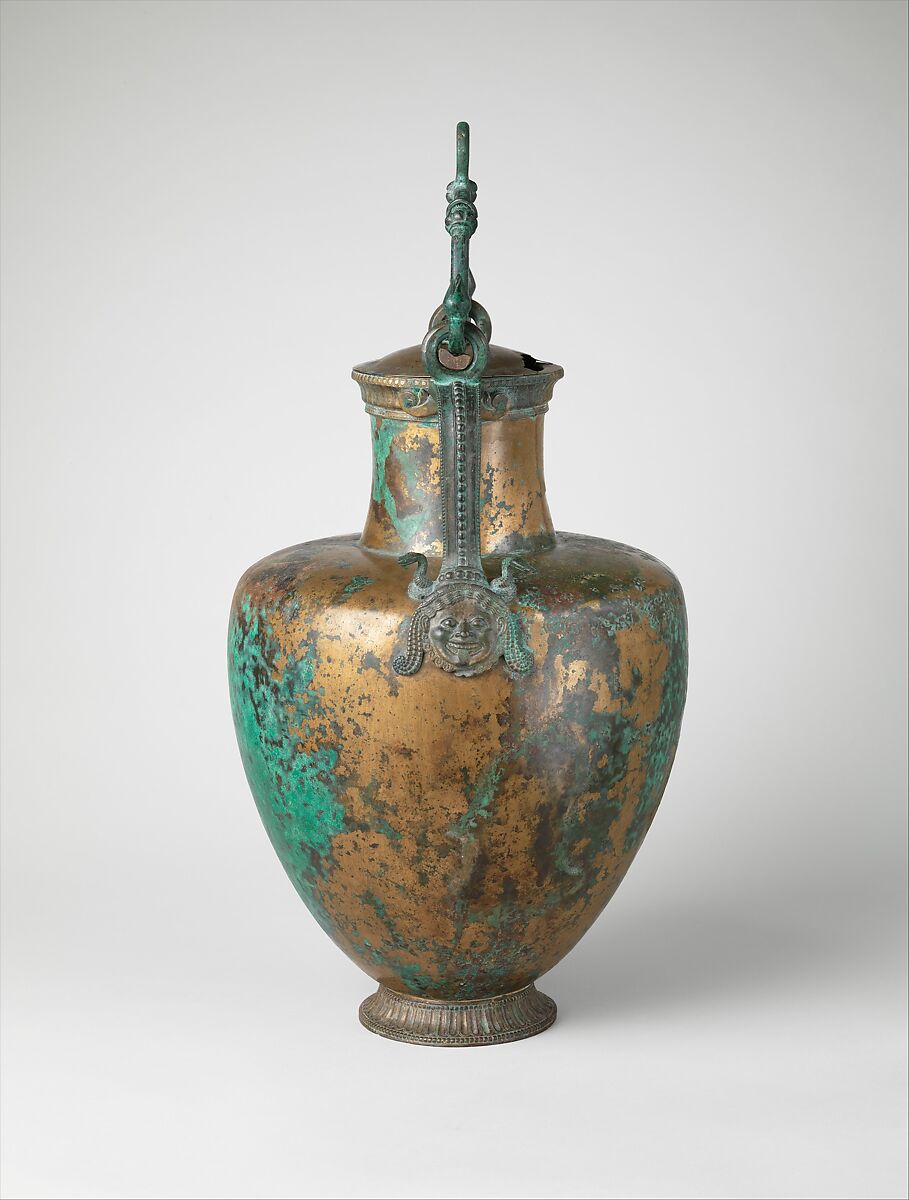Bronze neck-amphora (jar) with lid and bail handle, Bronze, Greek