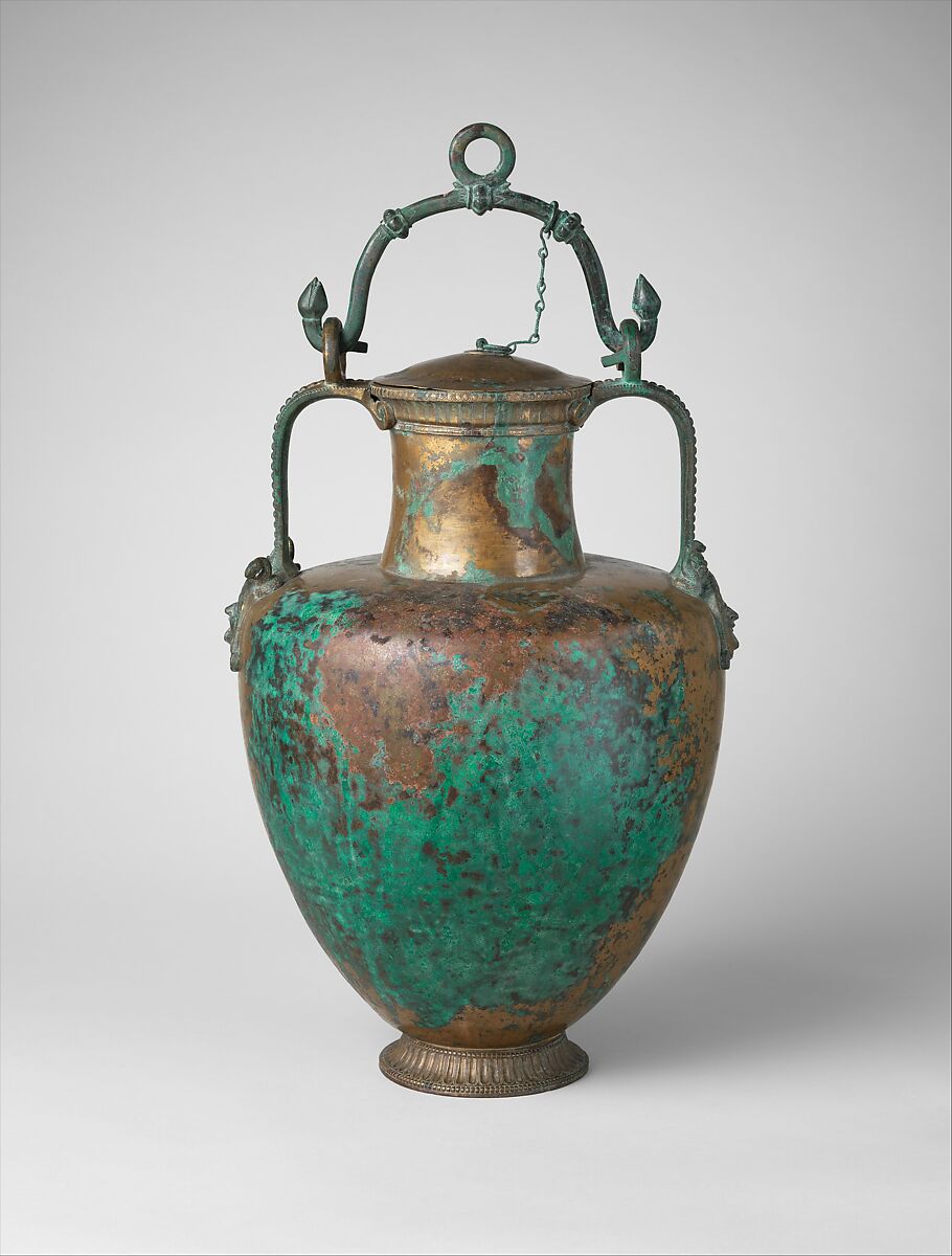 Bronze neck-amphora (jar) with lid and bail handle, Bronze, Greek 