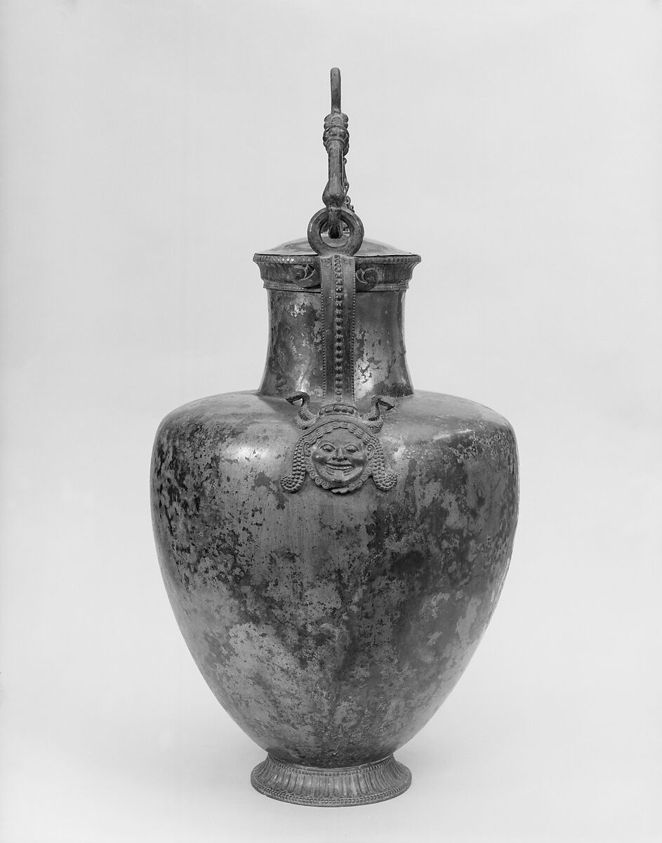 Bronze neck-amphora (jar) with lid and bail handle, Bronze, Greek
