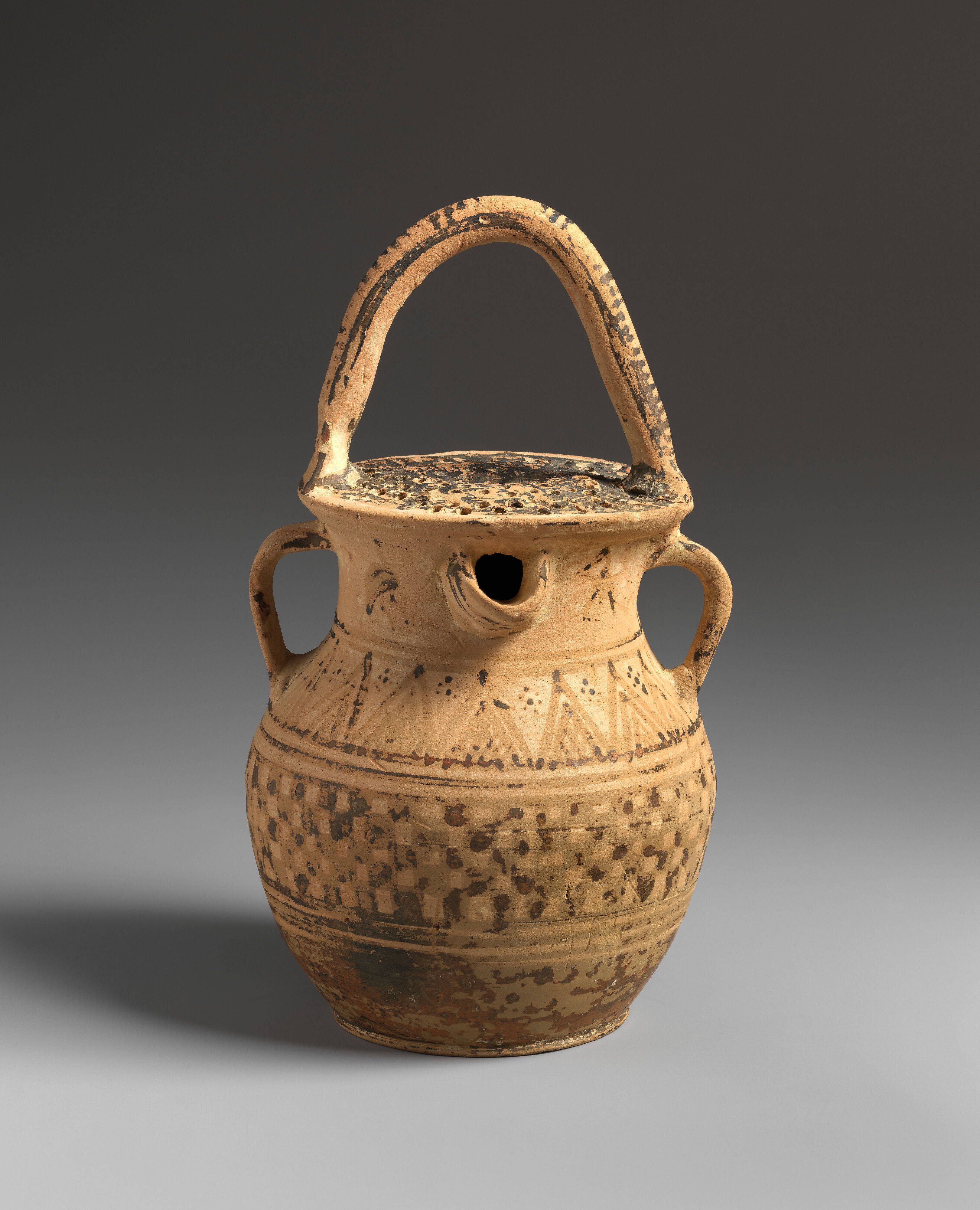 Terracotta vase with strainer, spout, and three handles - Greek