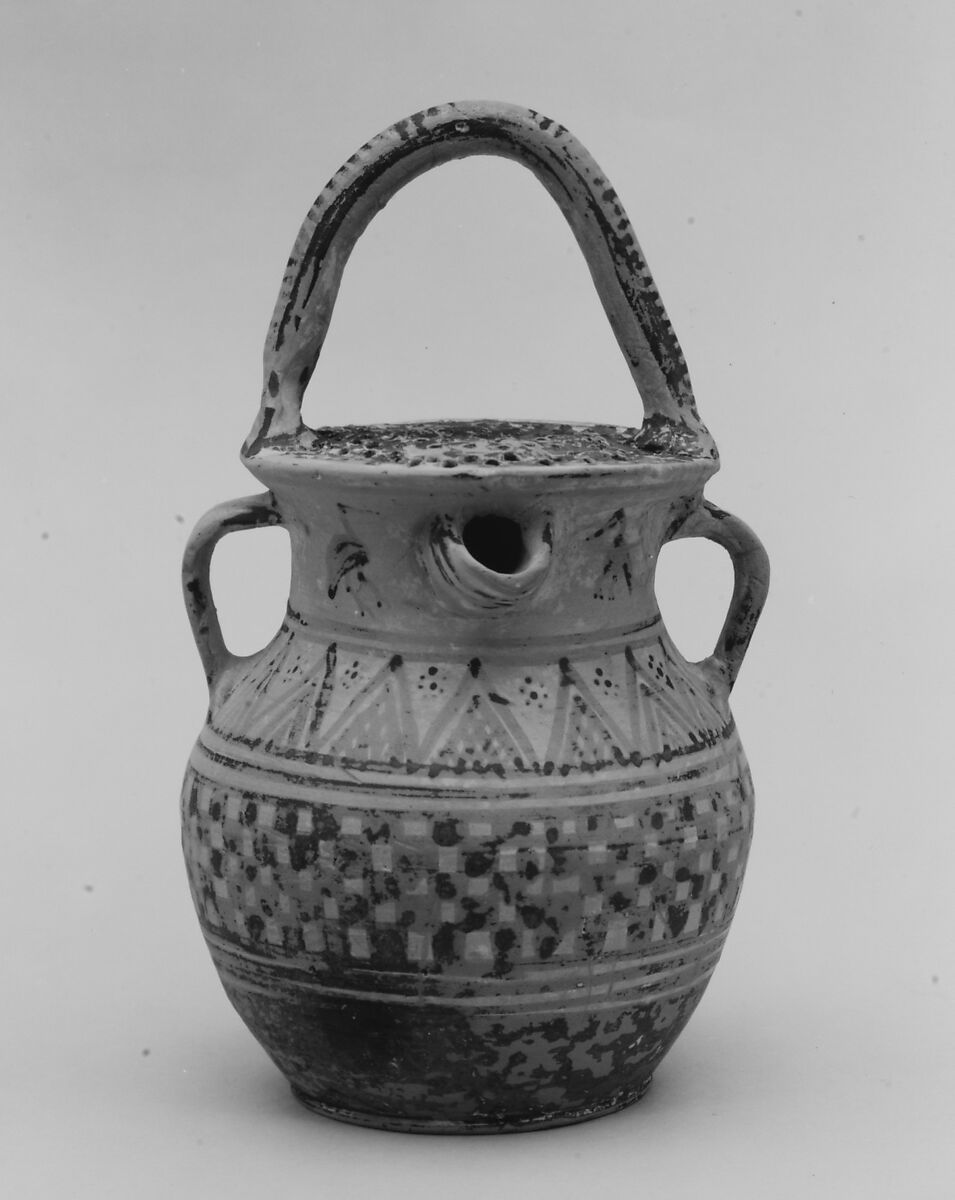 Terracotta vase with strainer, spout, and three handles, Terracotta, Greek, Attic 