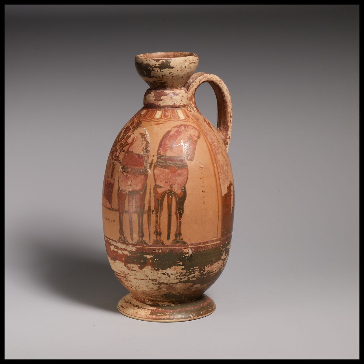 Terracotta lekythos (oil flask), Attributed to the Dionysios Painter, Terracotta, Greek, Corinthian 