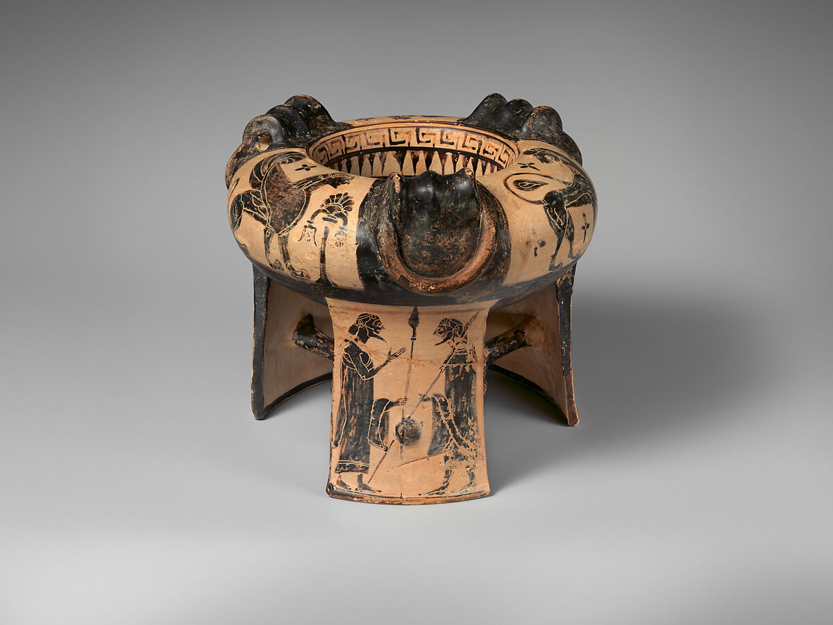Terracotta tripod kothon (vessel for perfumed oil), Attributed to the Group of the Boeotian Dancers, Terracotta, Greek, Boeotian 