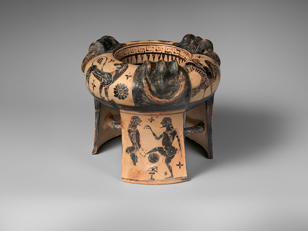 Terracotta tripod kothon (vessel for perfumed oil), Attributed to the Group of the Boeotian Dancers, Terracotta, Greek, Boeotian
