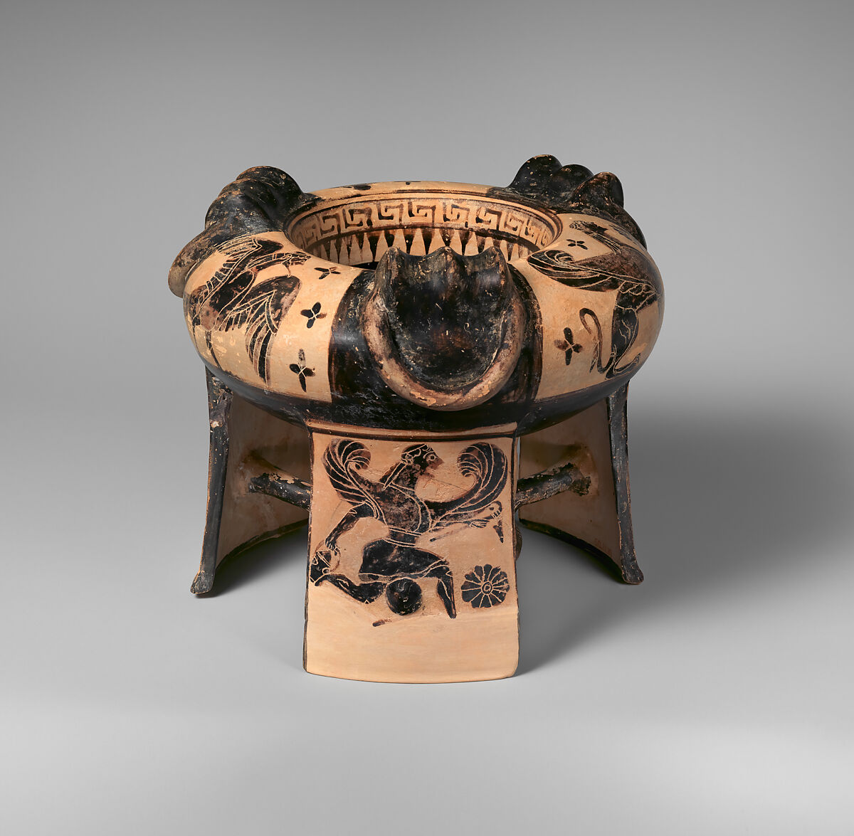 Terracotta tripod kothon (vessel for perfumed oil), Attributed to the Group of the Boeotian Dancers, Terracotta, Greek, Boeotian