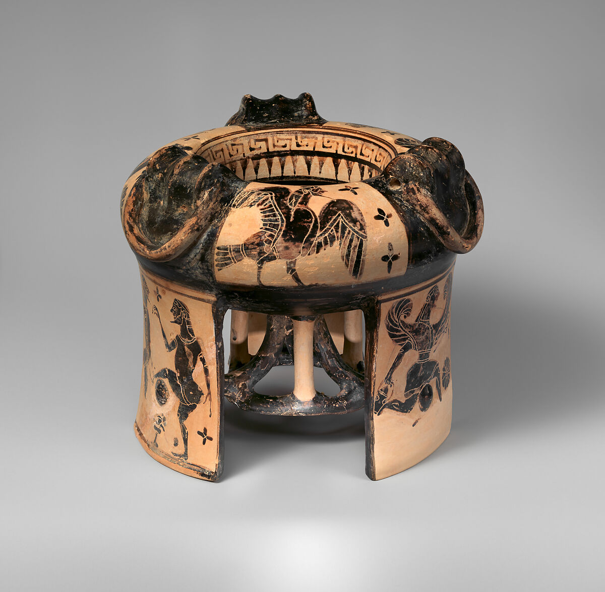 Terracotta tripod kothon (vessel for perfumed oil), Attributed to the Group of the Boeotian Dancers, Terracotta, Greek, Boeotian