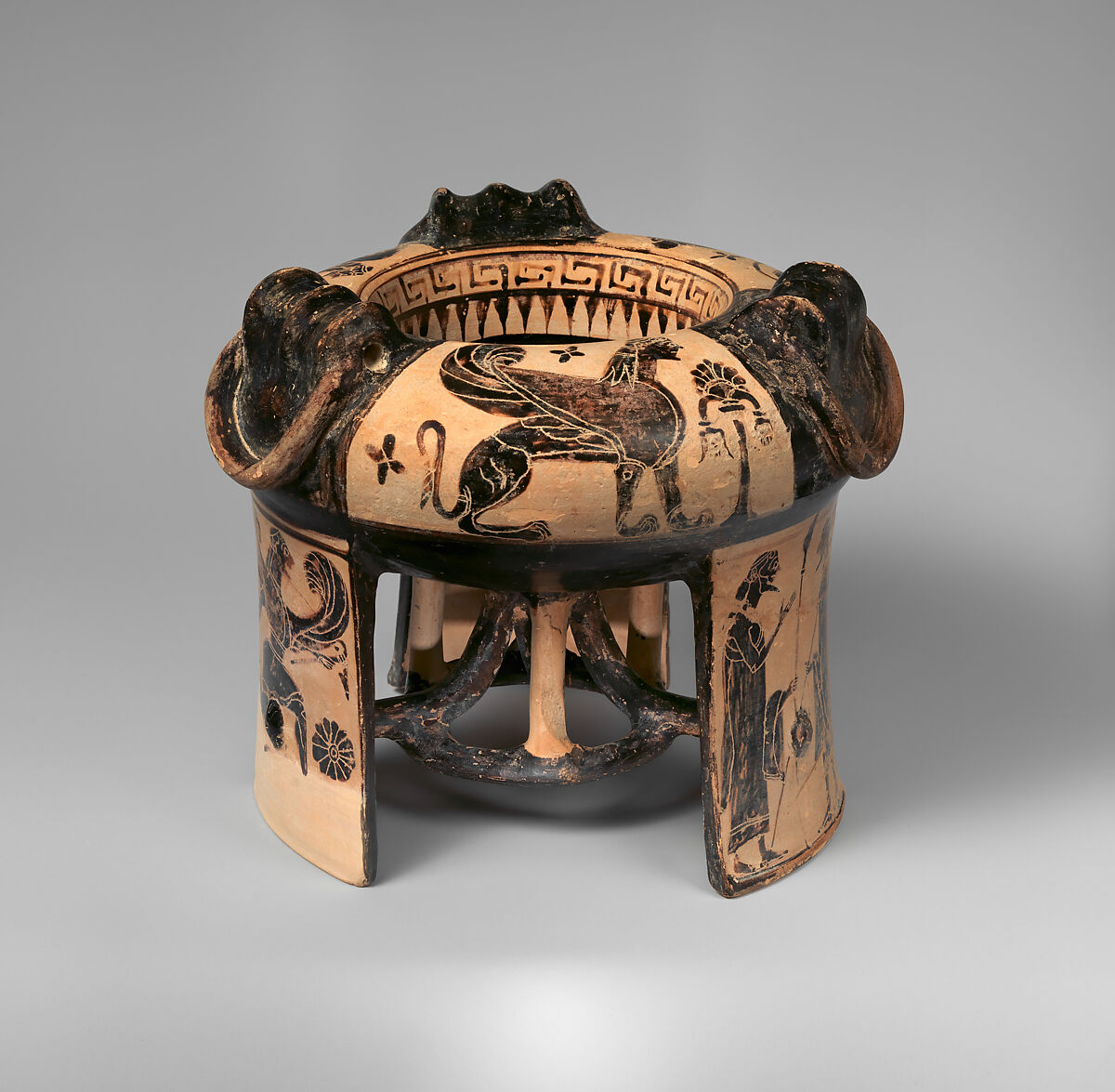 Terracotta tripod kothon (vessel for perfumed oil), Attributed to the Group of the Boeotian Dancers, Terracotta, Greek, Boeotian