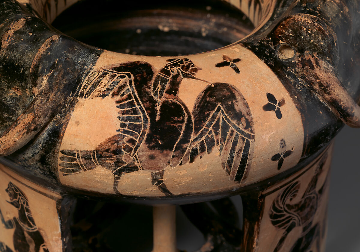 Terracotta tripod kothon (vessel for perfumed oil), Attributed to the Group of the Boeotian Dancers, Terracotta, Greek, Boeotian