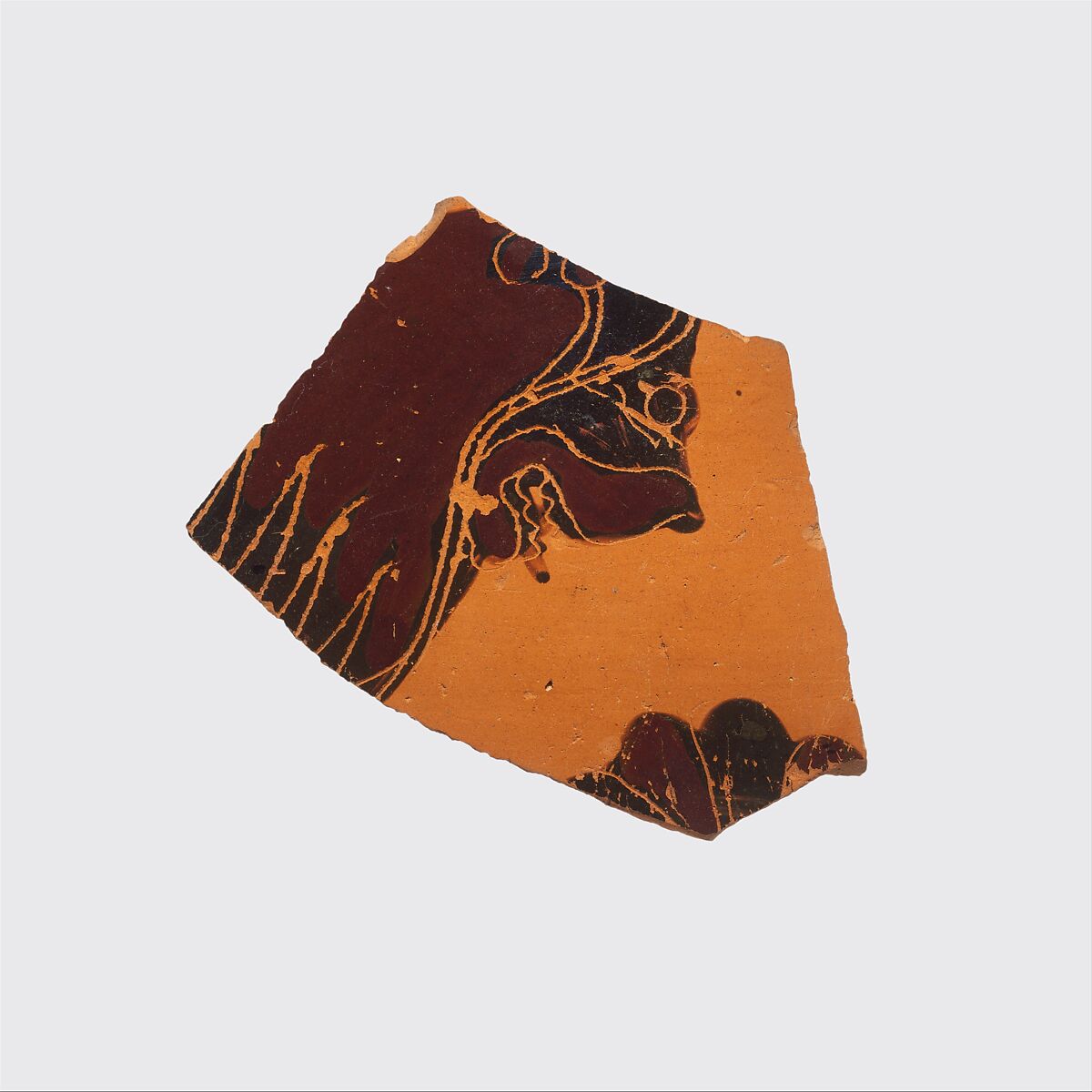 Fragment of a terracotta oinochoe: olpe (jug), Attributed to the Gorgon Painter, Terracotta, Greek, Attic 
