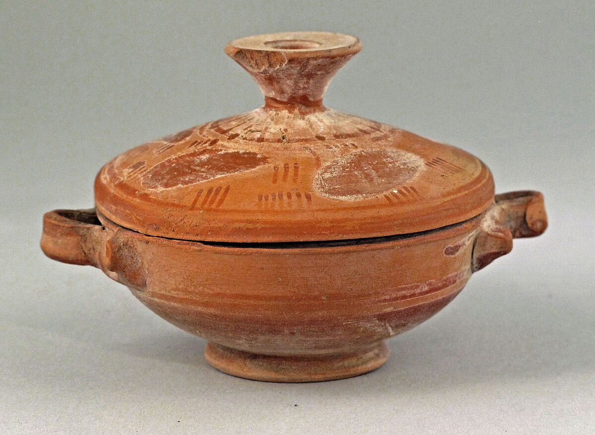 Lekanis with lid, miniature, Attributed to the Swan Group, Terracotta, Greek, Attic 