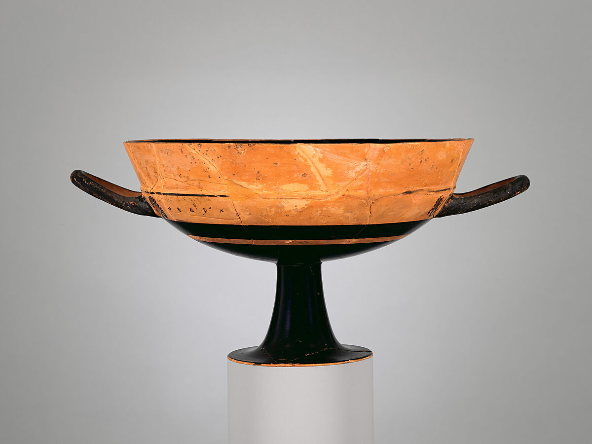Terracotta kylix: lip-cup (drinking cup), Signed by Nearchos as potter, Terracotta, Greek, Attic