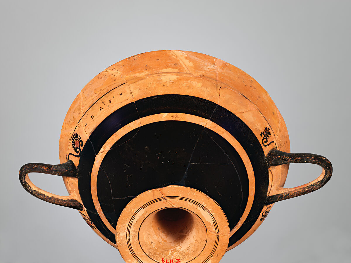 Terracotta kylix: lip-cup (drinking cup), Signed by Nearchos as potter, Terracotta, Greek, Attic