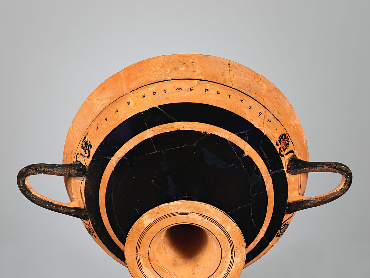 Terracotta kylix: lip-cup (drinking cup), Signed by Nearchos as potter, Terracotta, Greek, Attic