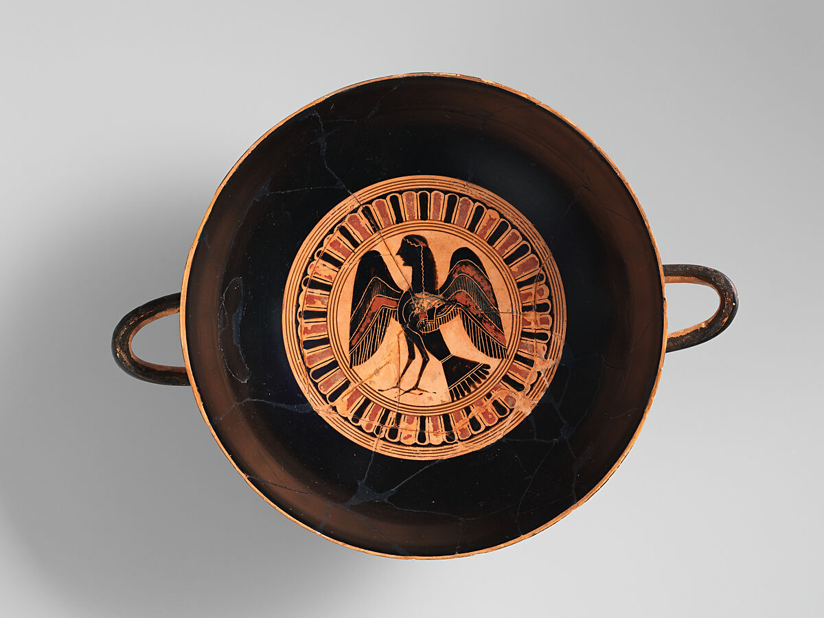 Terracotta kylix: lip-cup (drinking cup), Signed by Nearchos as potter, Terracotta, Greek, Attic 