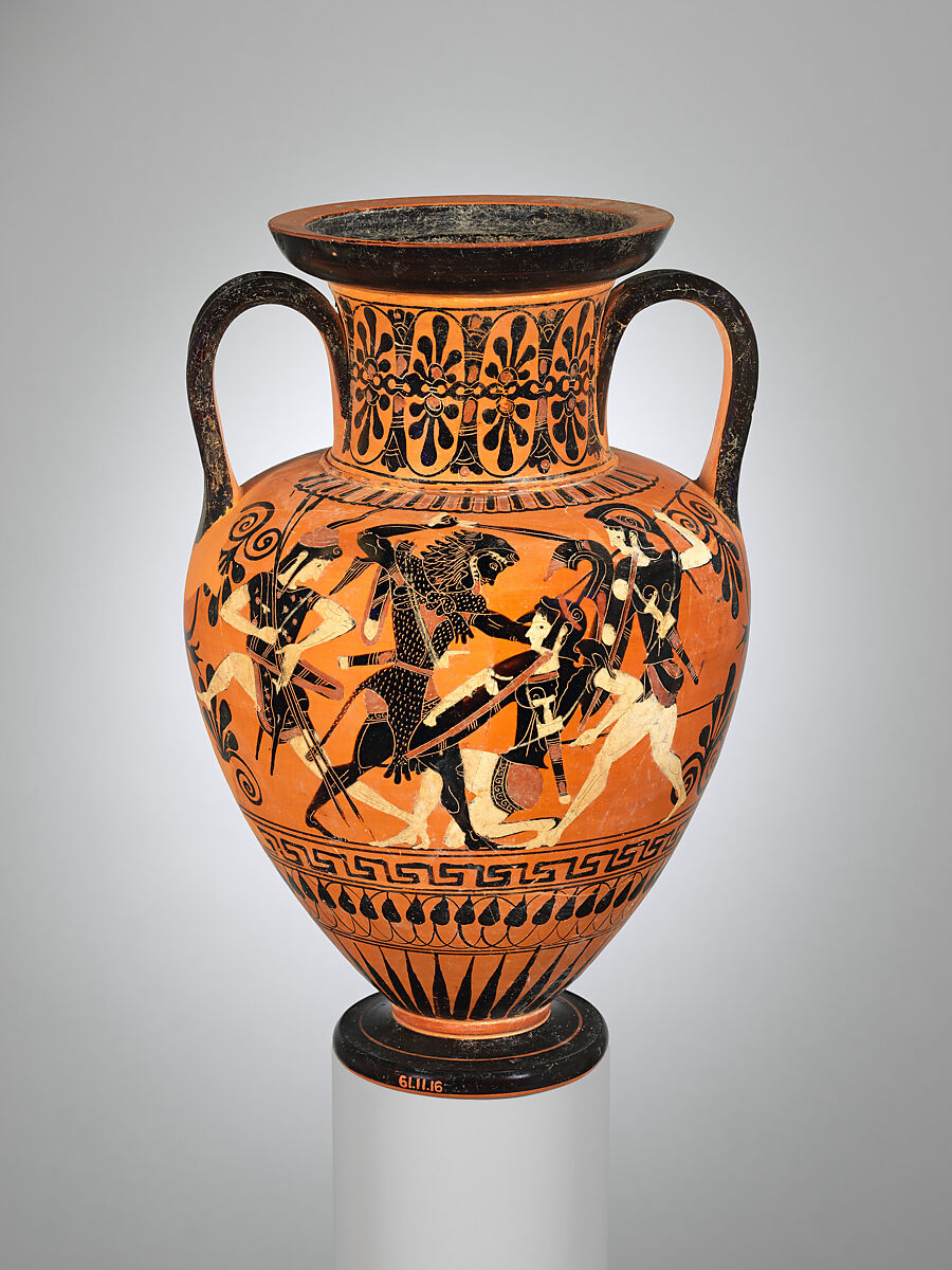 Terracotta neck-amphora (jar), Attributed to the Medea Group, Terracotta, Greek, Attic 