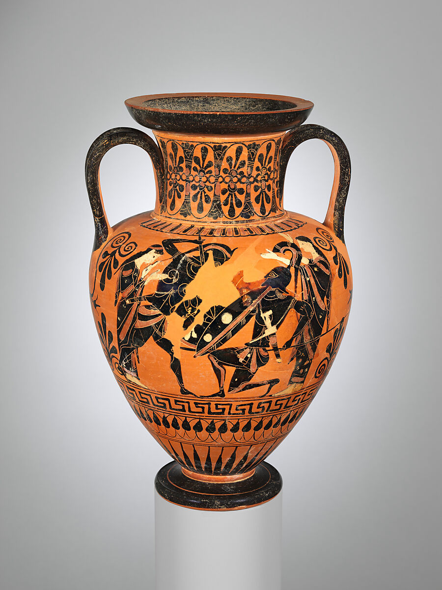 Terracotta neck-amphora (jar), Attributed to the Medea Group, Terracotta, Greek, Attic