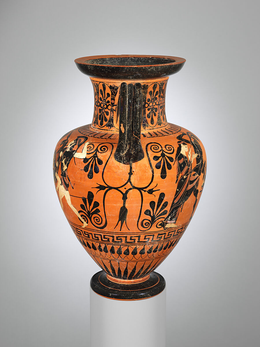 Terracotta neck-amphora (jar), Attributed to the Medea Group, Terracotta, Greek, Attic