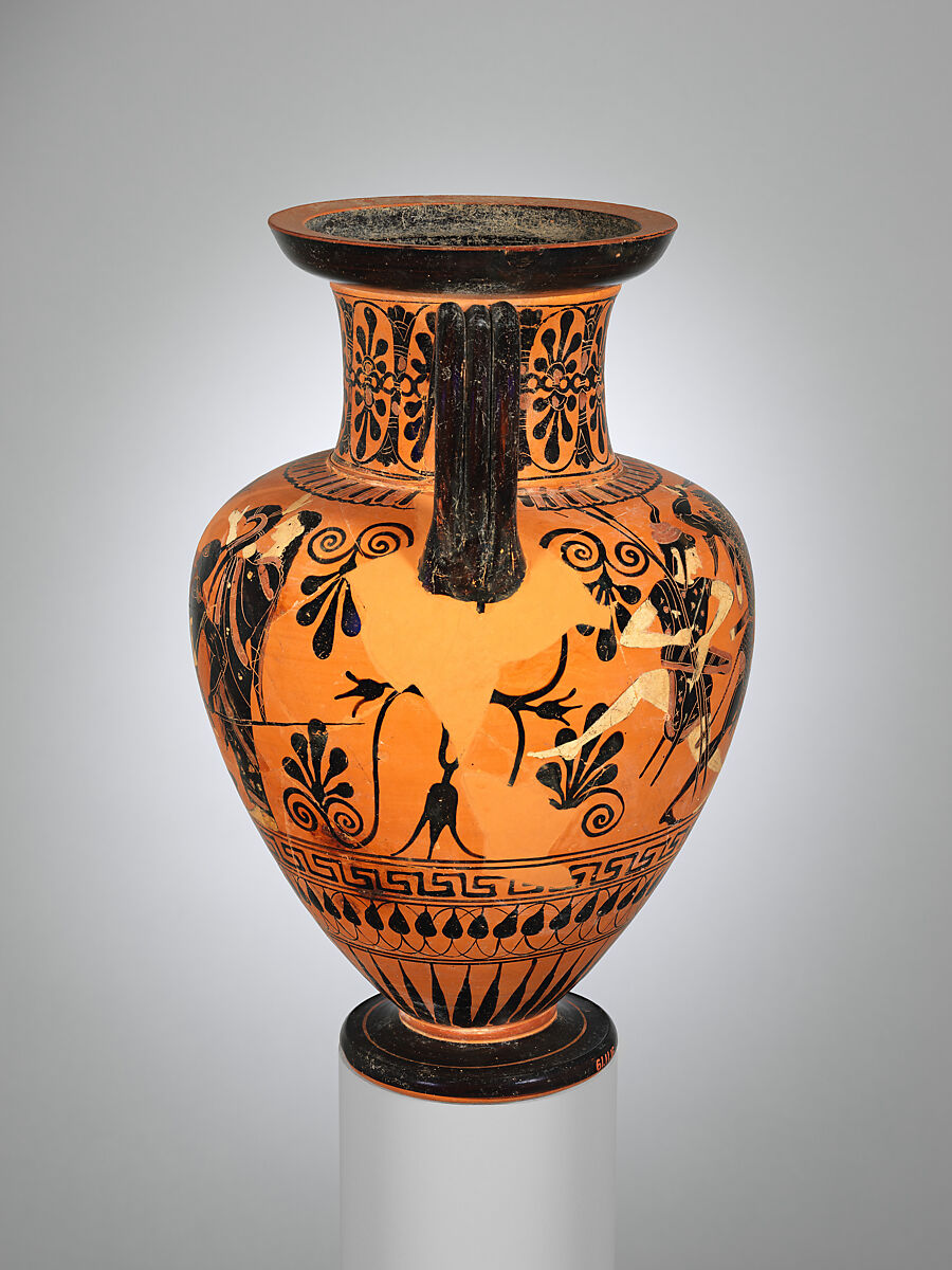 Terracotta neck-amphora (jar), Attributed to the Medea Group, Terracotta, Greek, Attic