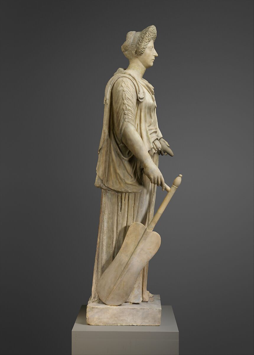 Marble statue of Tyche-Fortuna restored with the portrait head of a woman, Marble, Roman