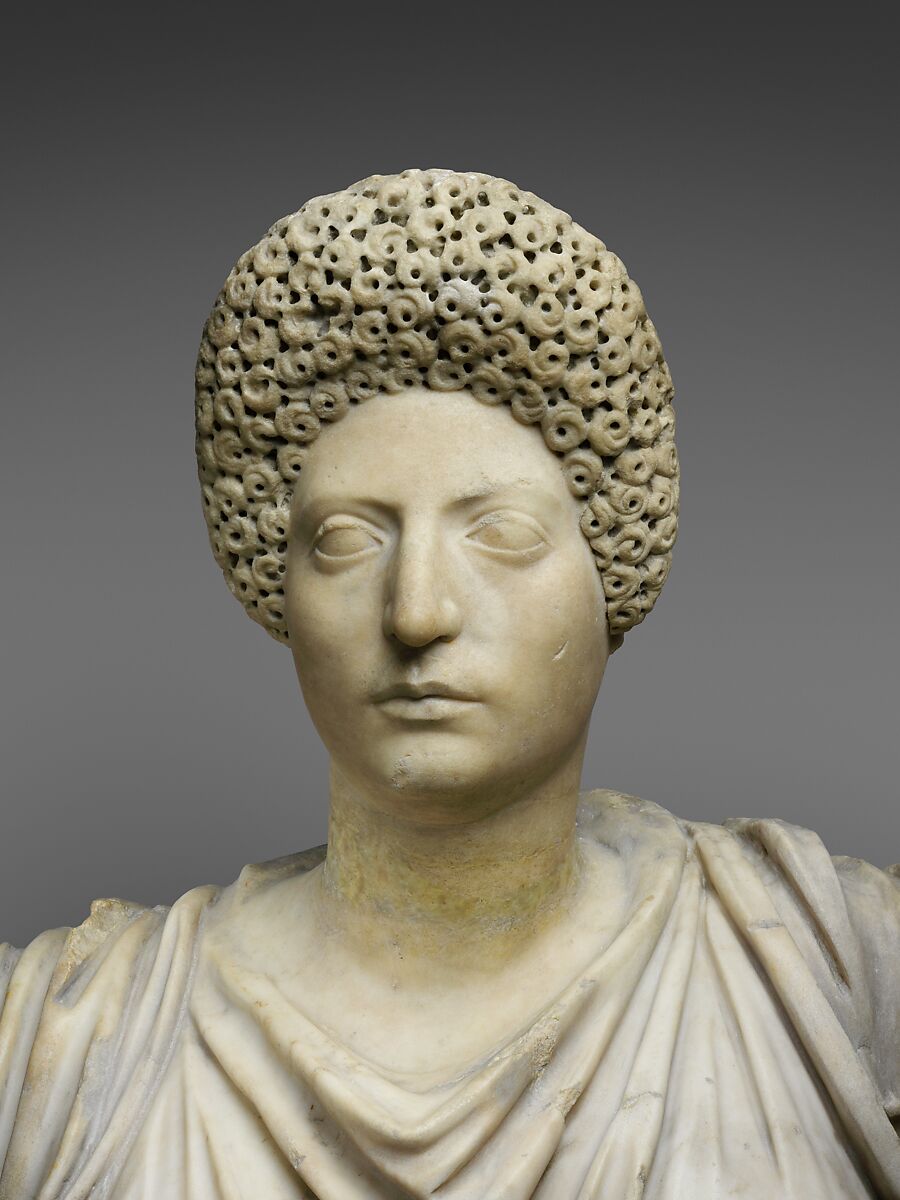 Marble statue of Tyche-Fortuna restored with the portrait head of a woman, Marble, Roman