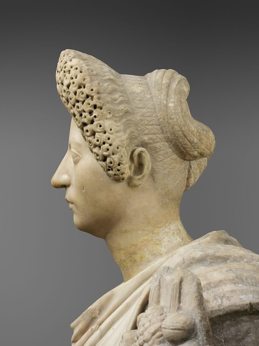 Marble statue of Tyche-Fortuna restored with the portrait head of a woman, Marble, Roman