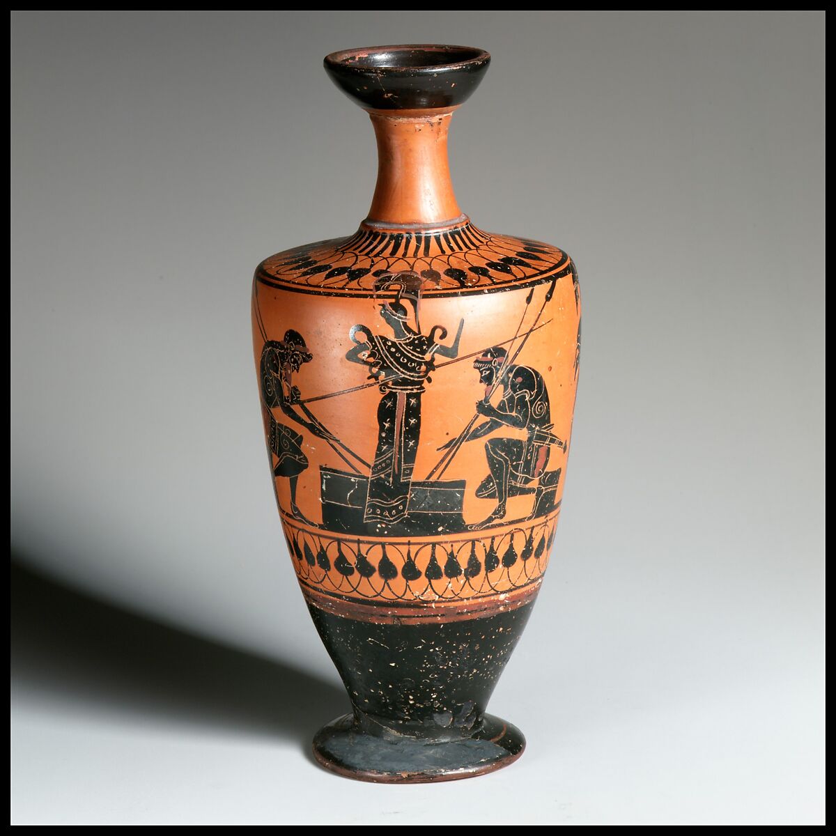 Terracotta lekythos (oil flask), Related to the Painter of Vatican G.31, Terracotta, Greek, Attic 