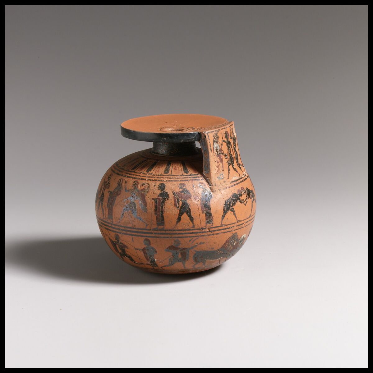 Terracotta aryballos (oil flask), Attributed to the Amasis Painter, Terracotta, Greek, Attic